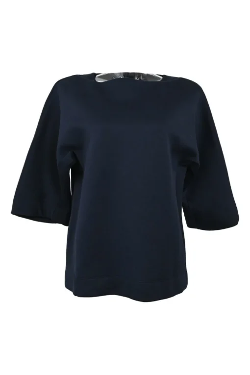 Navy cotton-blend dolman sleeve blouse and asymmetric flounce hem midi skirt