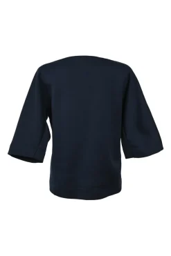 Navy cotton-blend dolman sleeve blouse and asymmetric flounce hem midi skirt