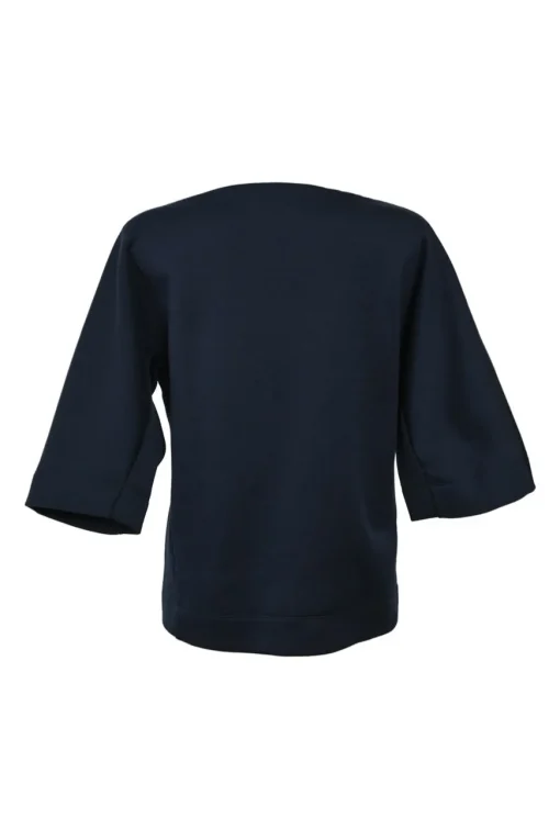 Navy cotton-blend dolman sleeve blouse and asymmetric flounce hem midi skirt