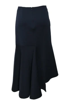 Navy cotton-blend dolman sleeve blouse and asymmetric flounce hem midi skirt