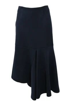 Navy cotton-blend dolman sleeve blouse and asymmetric flounce hem midi skirt