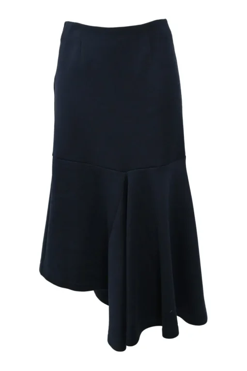 Navy cotton-blend dolman sleeve blouse and asymmetric flounce hem midi skirt