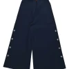 Navy cotton-blend pull-on high-rise wide-leg sailor trousers with metallic coat of arms shank button legs