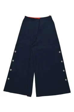 Navy cotton-blend pull-on high-rise wide-leg sailor trousers with metallic coat of arms shank button legs