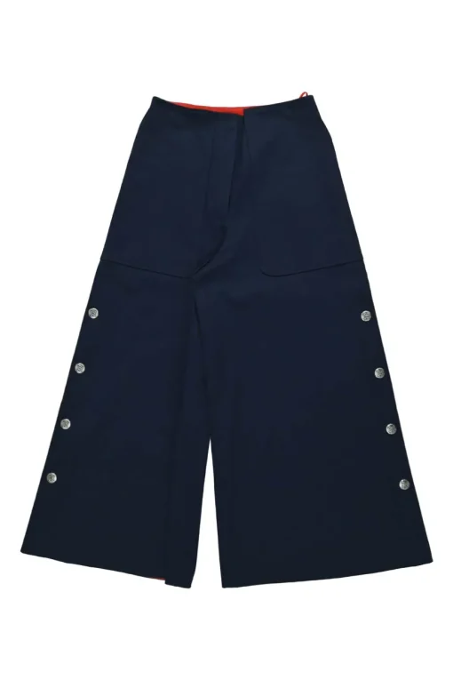 Navy cotton-blend pull-on high-rise wide-leg sailor trousers with metallic coat of arms shank button legs