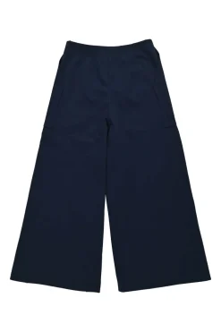 Navy cotton-blend pull-on high-rise wide-leg sailor trousers with metallic coat of arms shank button legs