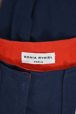 Navy cotton-blend pull-on high-rise wide-leg sailor trousers with metallic coat of arms shank button legs