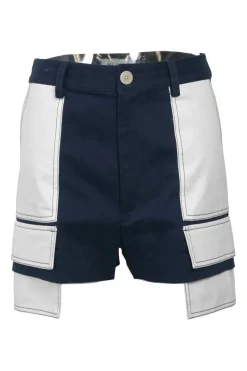 Navy cotton-blend twill pull-on extended pocket shorts