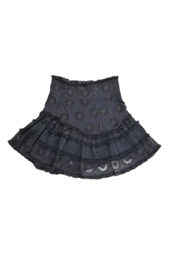Navy cotton-silk blend broderie Anglaise drop-waist ruffle mini skirt with contrast ruffle trim inserts