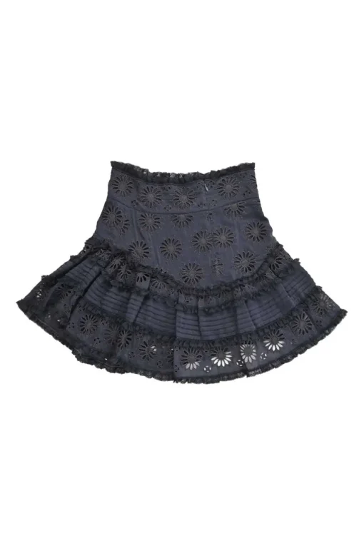 Navy cotton-silk blend broderie Anglaise drop-waist ruffle mini skirt with contrast ruffle trim inserts