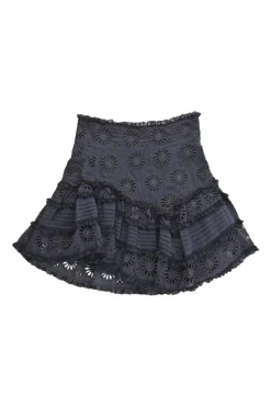 Navy cotton-silk blend broderie Anglaise drop-waist ruffle mini skirt with contrast ruffle trim inserts