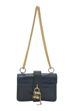 Navy croc-embossed Aby crossbody flap bag with padlock fastening