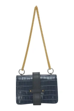 Navy croc-embossed Aby crossbody flap bag with padlock fastening
