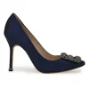 Navy crystal-embellished satin and leather Hangisi buckle pumps