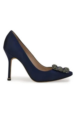Navy crystal-embellished satin and leather Hangisi buckle pumps