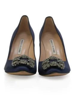 Navy crystal-embellished satin and leather Hangisi buckle pumps