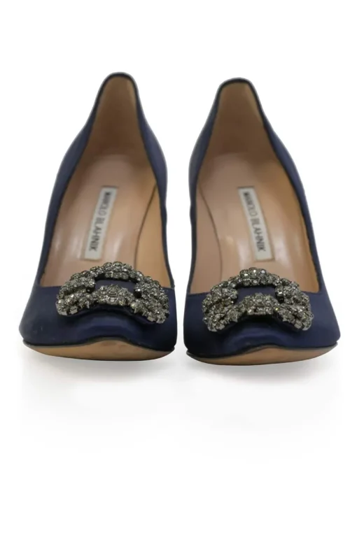 Navy crystal-embellished satin and leather Hangisi buckle pumps