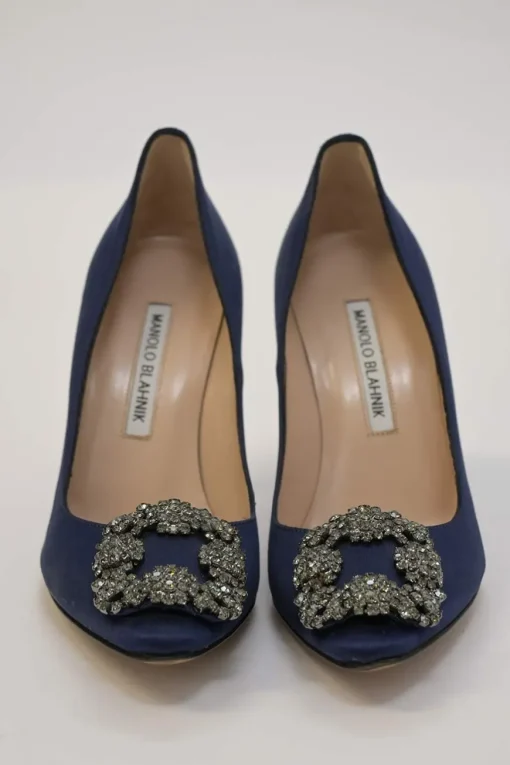 Navy crystal-embellished satin and leather Hangisi buckle pumps