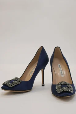 Navy crystal-embellished satin and leather Hangisi buckle pumps