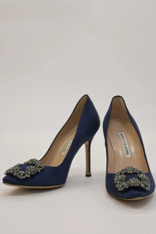 Navy crystal-embellished satin and leather Hangisi buckle pumps