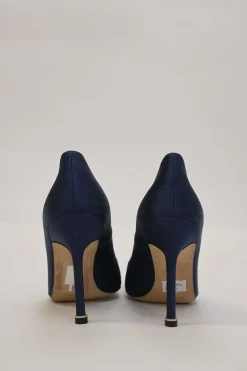 Navy crystal-embellished satin and leather Hangisi buckle pumps