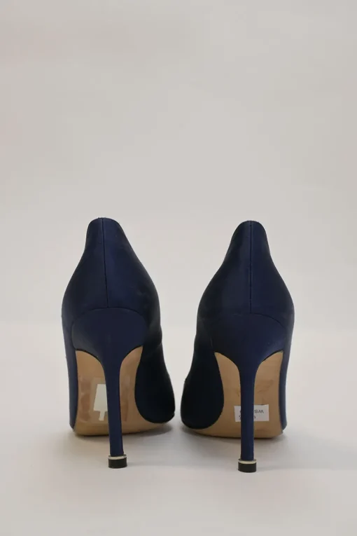 Navy crystal-embellished satin and leather Hangisi buckle pumps