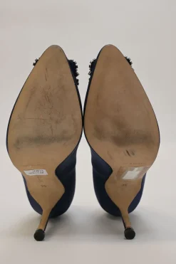Navy crystal-embellished satin and leather Hangisi buckle pumps