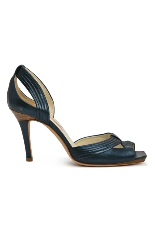 Navy cutout leather peep-toe D'Orsay pumps