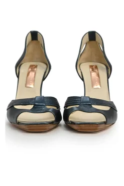 Navy cutout leather peep-toe D'Orsay pumps