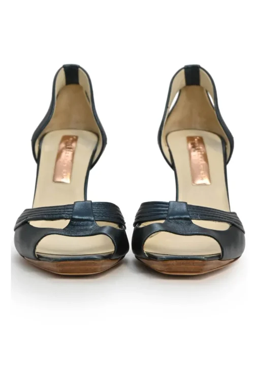 Navy cutout leather peep-toe D'Orsay pumps