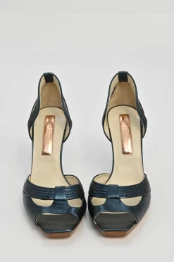 Navy cutout leather peep-toe D'Orsay pumps