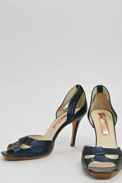 Navy cutout leather peep-toe D'Orsay pumps