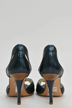 Navy cutout leather peep-toe D'Orsay pumps