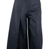 Navy denim cropped wide leg pants with slit on one side