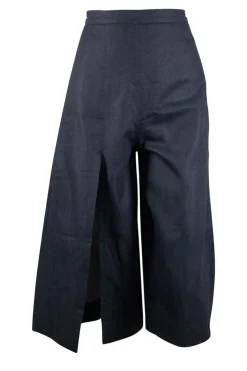 Navy denim cropped wide leg pants with slit on one side