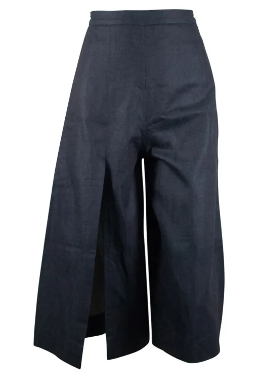 Navy denim cropped wide leg pants with slit on one side