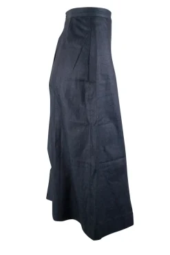 Navy denim cropped wide leg pants with slit on one side