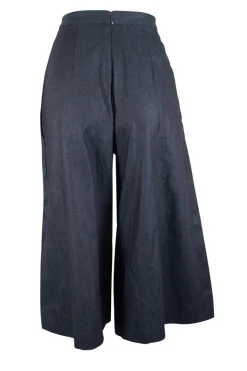 Navy denim cropped wide leg pants with slit on one side