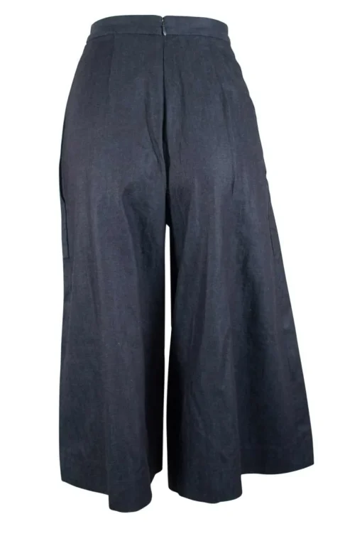 Navy denim cropped wide leg pants with slit on one side