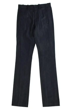 Navy Denim Straight Leg Pant With Pockets And Button Front Fastening
