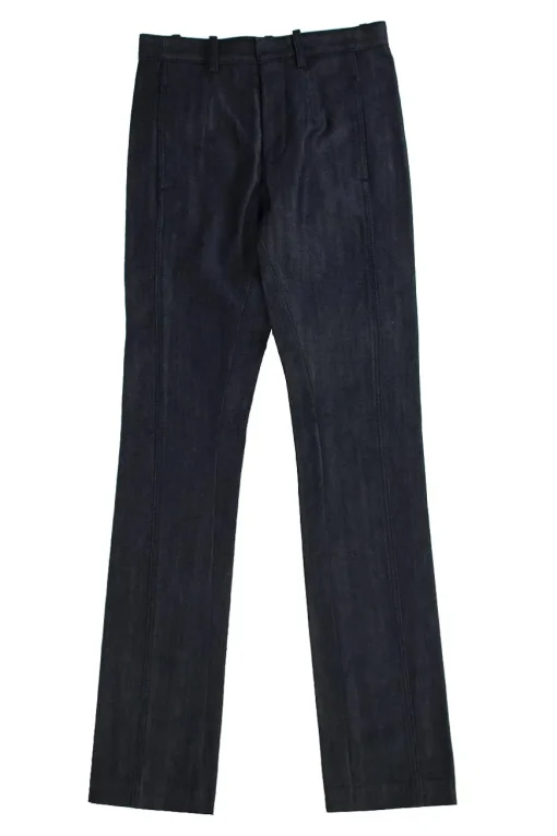Navy Denim Straight Leg Pant With Pockets And Button Front Fastening
