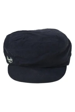 Navy embellished linen baker boy hat featuring cursive logo motif