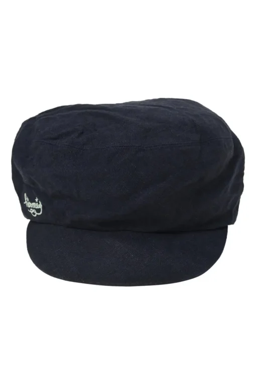 Navy embellished linen baker boy hat featuring cursive logo motif
