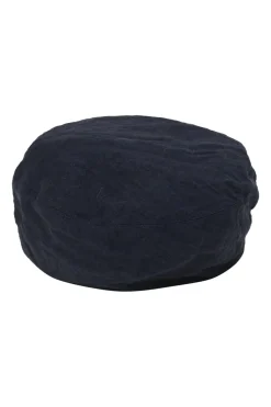 Navy embellished linen baker boy hat featuring cursive logo motif