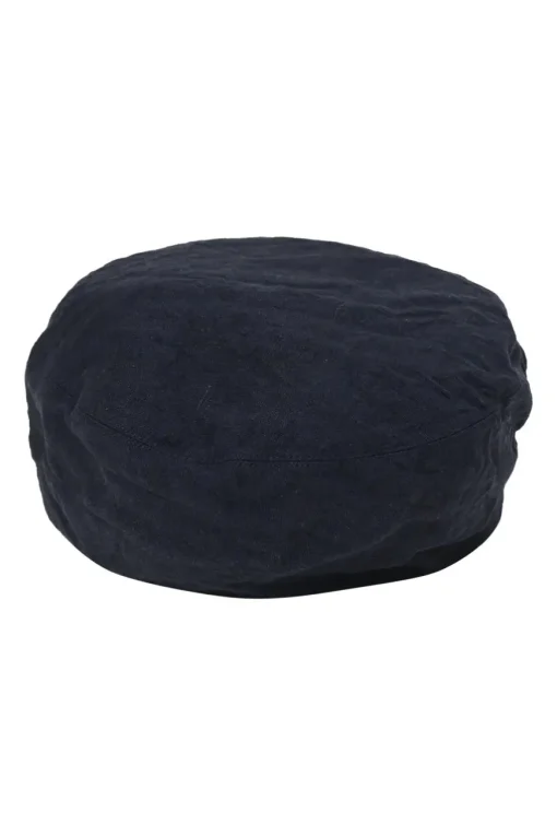 Navy embellished linen baker boy hat featuring cursive logo motif