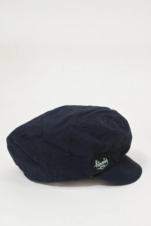 Navy embellished linen baker boy hat featuring cursive logo motif