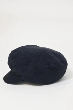 Navy embellished linen baker boy hat featuring cursive logo motif