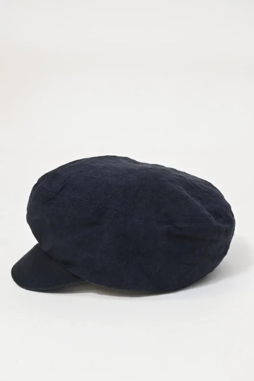 Navy embellished linen baker boy hat featuring cursive logo motif
