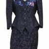Navy embroidered cotton-blend floral jacquard two-piece suit set featuring sweetheart neck sculpted jacket and draped mini skirt