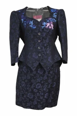 Navy embroidered cotton-blend floral jacquard two-piece suit set featuring sweetheart neck sculpted jacket and draped mini skirt